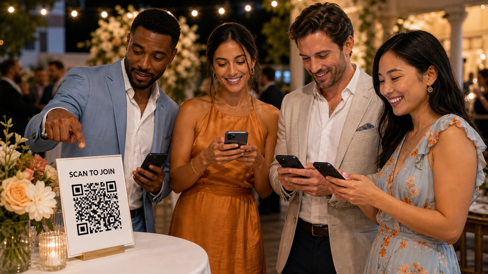 Four event guests using their phones after scanning a QR code displayed on a table